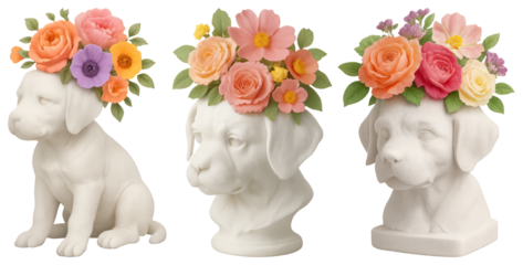 PNG Floral adorned puppy sculptures, element set on transparent background