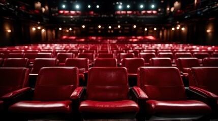 Fototapeta premium A captivating view of empty red theater seats illuminated by stage lights, creating a serene ambiance perfect for performances and theatrical productions.