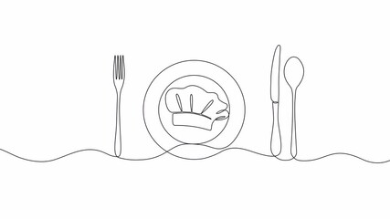 Video. Fork, knife, spoon with plate and chef's cap in one solid line. Single line editable cutlery template for business cards, banners. Symbol of cafe, restaurant. Animation on white background 4K.