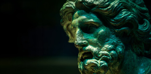 Majestic bronze statue depicting greek god in dramatic lighting