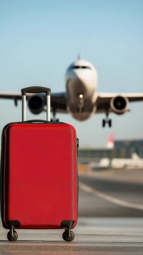 Airplane landing over red suitcase on runway  symbolizing travel and adventure