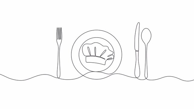 Video. Fork, knife, spoon with plate and chef's cap in one solid line. Single line editable cutlery template for business cards, banners. Symbol of cafe, restaurant. Animation on white background 4K.