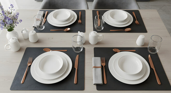 Elegant table setting with plates cups and cutlery in a restaurant