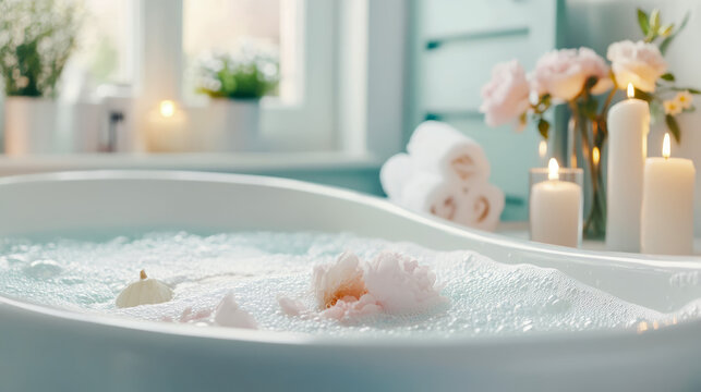 Relaxing bubble bath with rose petals and candlelight