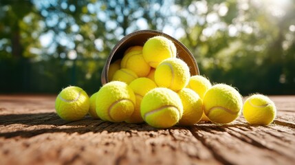 A vibrant collection of yellow tennis balls spills from a metal container onto a rustic wooden surface, evoking feelings of sportiness and enthusiasm for outdoor activities.
