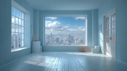 Fototapeta premium An empty blue room offers a stunning daytime view of a modern cityscape.