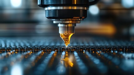 A high-tech laser cutting tool is depicted in this image, clearly focused on precision as it prepares to cut materials, emphasizing modern technology and innovation in manufacturing.