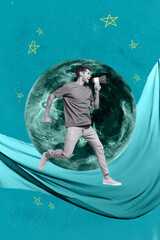 Vertical 3d poster art collage of happy girl guy stand space galaxy moon planet cosmos discovery...