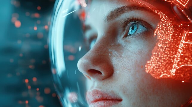 An introspective astronaut gazes into the cosmos through a high-tech visor, surrounded by digital elements, representing curiosity and the exploration of the unknown universe.