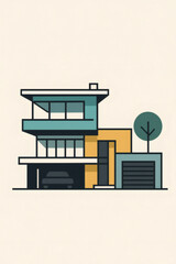 Stylized house illustration with modern architecture, garage, and car. A colorful and minimal geometric design stands out.