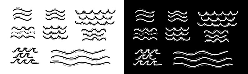 Doodle waves line set. Ocean surf curl, sea wave illustration in line. Doodle aqua and river vector icons set