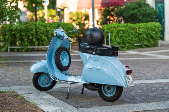 Vintage 1970s Vespa scooter parked, ideal for retro transport, urban scenes, or Italian lifestyle concepts. Udine, Italy. June 8_2025.