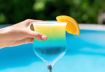 Mano di donna con cocktail sul bordo piscina – Primo piano estivo