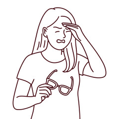 Monochrome line drawing of woman rubbing her eyes while holding glasses. Symbol of fatigue and eye strain