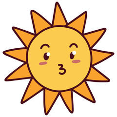 Kissing yellow sun with puckered lips and expressive eyes, rounded sunbeams in playful and emotional style