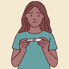 Black dark brown skinned Woman holds positive pregnancy test with visible sadness. Shows emotional struggle, fear, and possible unplanned situation