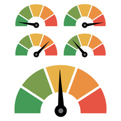 Set of Colorful Speedometer Gauges with Needles Indicating Different Levels Isolated on White Background for Performance and Progress Tracking