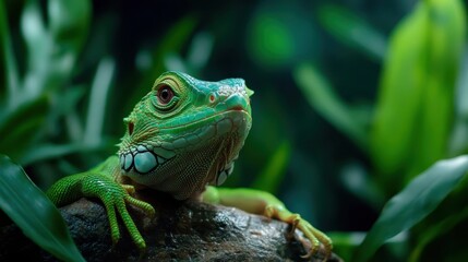 A stunning close-up of a vibrant green iguana resting on a rock, surrounded by lush greenery, showcasing nature's beauty and the intricacies of the reptile world.