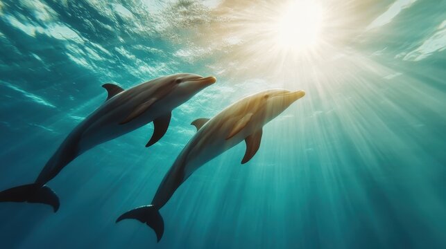 A breathtaking underwater scene of two dolphins gracefully swimming in sunlit water, showcasing the beauty of marine life and the tranquility of ocean experiences.