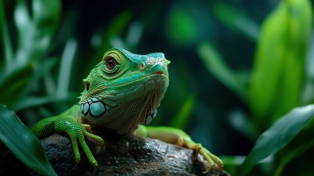 A stunning close-up of a vibrant green iguana resting on a rock, surrounded by lush greenery, showcasing nature's beauty and the intricacies of the reptile world.