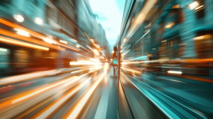 Fototapeta premium An abstract view of city lights captured in a motion blur, displaying the vibrant energy and fast-paced nature of urban life, evoking feelings of excitement and speed.