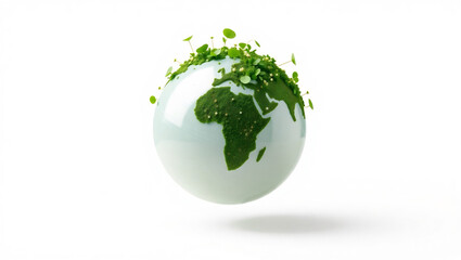 3D eco globe with green sprouting leaves, clean PNG-style icon, representing sustainability and environmental conservation, isolated on a pure white background, minimalist, high quality

