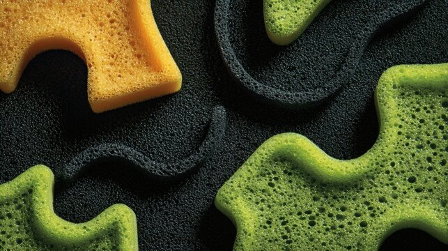 Abstract composition of colorful porous materials against a dark, textured background, creating a visually striking and tactile scene.