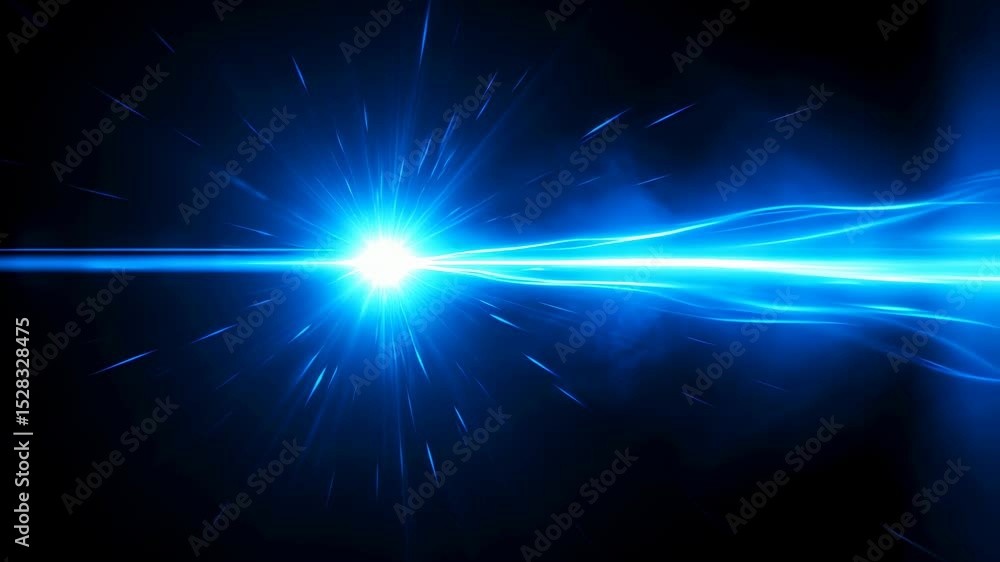 Poster bright blue light ray beaming through dark space with waves, abstract digital data flow, and speed c