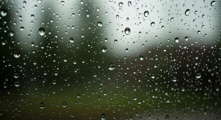 Rainstreaked windowpanes reveal a blurred, verdant landscape under a somber sky