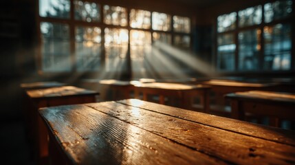 Sunlight streams through classroom illuminating wooden desks beautifully.