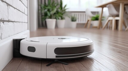 A robotic vacuum cleaner is docked at its charging station in a bright, modern room with hardwood floors and green plants.