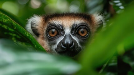 Obraz premium A striking close-up of a lemur's face partially hidden among lush green foliage, capturing the essence of wildlife's beauty and the mystery of nature's hidden gems.