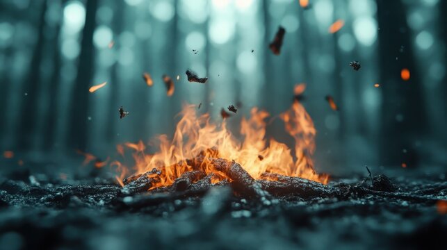 A captivating image of crackling flames rising from burning logs, creating an enchanting and warm atmosphere amid the shadowy depths of a mystical forest.