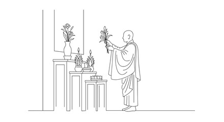 Obraz premium Buddhist monk offering flowers at an altar in a gesture of respect