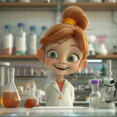A 3D cartoon girl smiles in a lab filled with colorful beakers and flasks, sparking curiosity and fun in science. The cheerful scene blends learning, discovery, and playful exploration...
