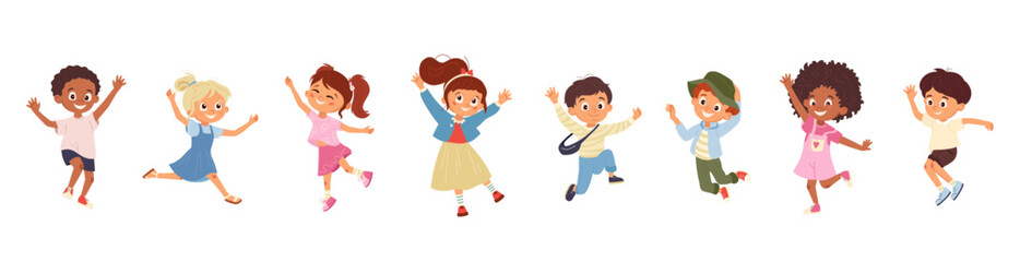 Happy cartoon kids jumping joyfully. Smiling classmates boys and girls having fun. Fun childhood characters for card, banner, poster, design element, back to school print. Vector illustration isolated