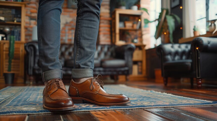 A male model in a sharp suit with leather shoes and a belt stands front-facing in a modern office, exuding style and professionalism in a sleek, corporate setting...