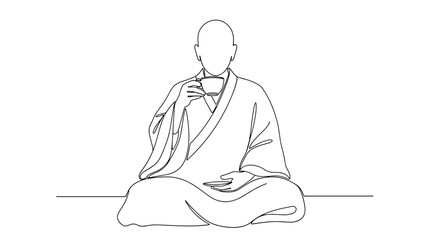 Buddhist monk drinking tea in a serene and relaxed posture
