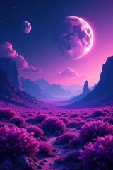 Vast alien plains, giant purple flora under three moons , panorama, epic