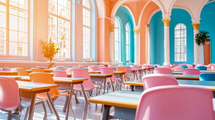 Obraz premium Bright Classroom with Desks and Colorful Chairs