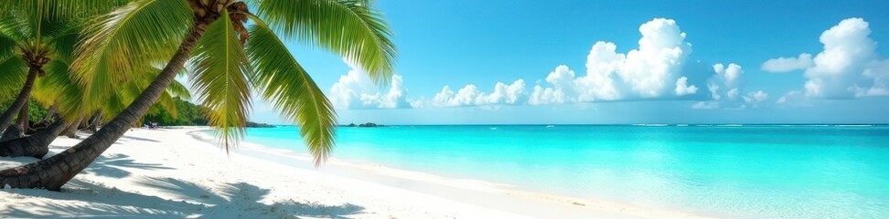 Azure water laps white sand; palm trees sway gently , calm, stunning