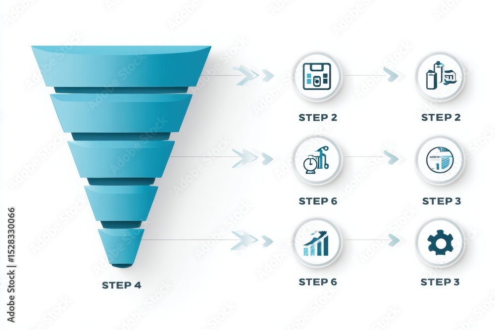 Poster customer journey funnel infographic illustrating six steps with clean arrows and icons for a corpora