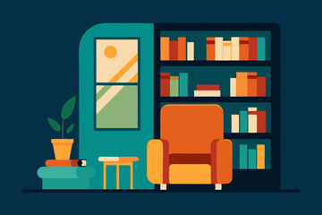Reading Nook with Bookshelves Cartoon Animation Background Vector illustration