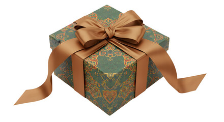 Elegant Gift Box: Green and Gold Patterned Present with Brown Ribbon