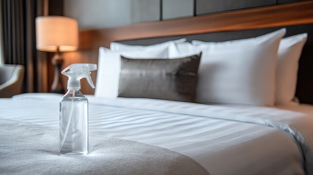 Focus on Cleanliness: Spray bottle on a neatly made bed in a hotel room, suggesting cleanliness and attention to detail for guests.