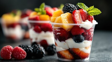 A vibrant fruit parfait featuring layers of fresh berries, mango, and cream, elegantly presented in a clear cup, ideal for a healthy snack or dessert option.