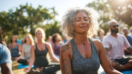 Group practice outdoor meditation in a lush park, fostering well-being and connection in a serene natural environment