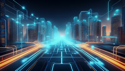 a glowing energy grid connecting futuristic buildings