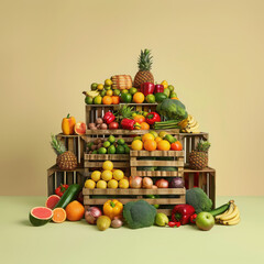 A photorealistic 3D pyramid of wooden crates brimming with vibrant, organic produce—celebrating natural abundance, health, and sustainability against a neutral backdrop...