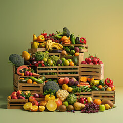 A photorealistic 3D pyramid of wooden crates brimming with vibrant, organic produce—celebrating natural abundance, health, and sustainability against a neutral backdrop...